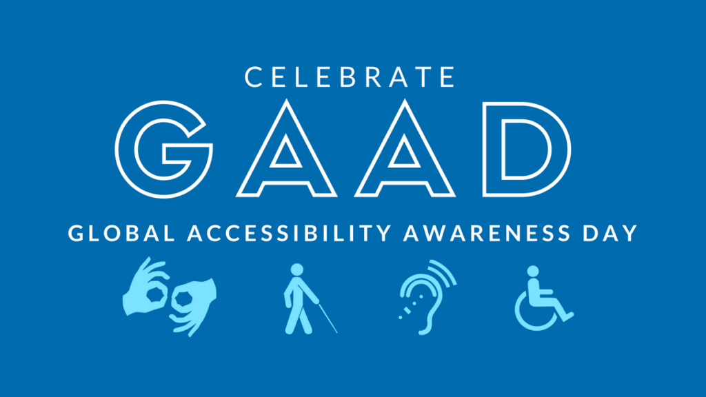 elebrate global accessibility awareness day in white on blue background with sign language BVI walking with cane wheelchair and an ear for hearing loss