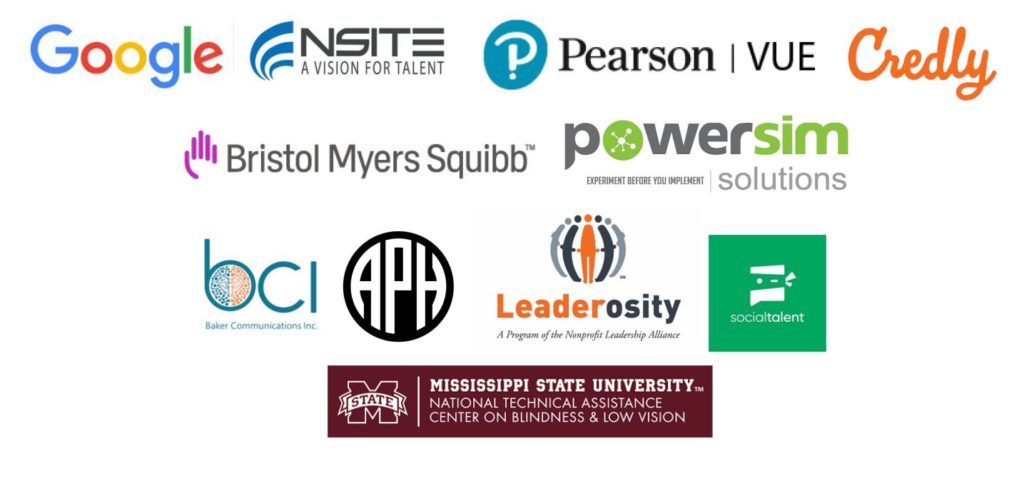 Picture of all partner logos Google, PearsonVue, Credly, Bristol Myers Squibb, Powersim, Baker Communications, APH, Leadersity, Social Talent, Manpower group, Mississippi State