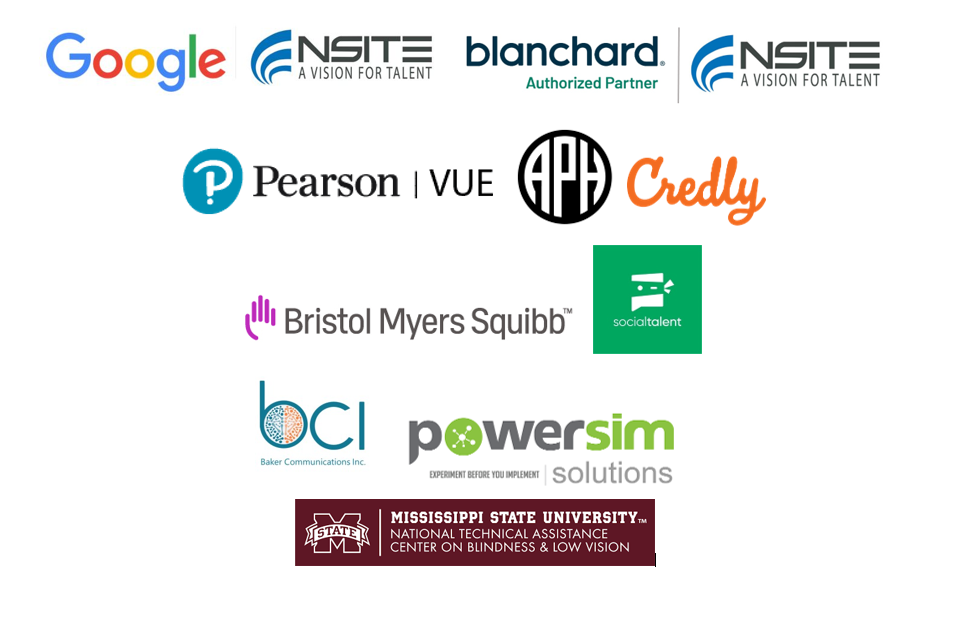 Picture of all partner logos Google, Blanchard authorized Partner, PearsonVue, APH, Credly, Bristol Myers Squibb, Social Talent, Baker Communications, Powersim, Mississippi State