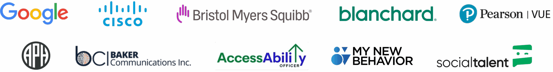 Group of Logos of NSITE's partners: Google; CISCO; Bristol Myers Squibb; Blanchard; Pearson Vue; APH; Baker Communications Inc; Access Ability Officer; My New Behavior; Social Talent