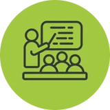 Green icon of someone giving a training session.