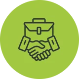 Green icon of a briefcase with two people shaking hands.