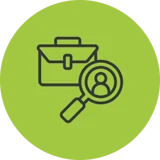 Green icon of a briefcase and a magnifying glass around a silhouette.
