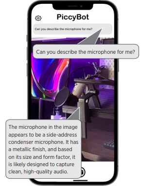A cell phone shows the PiccyBot app and text bubbles describing the image on the phone screen.